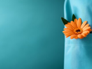 Poster - Bright orange flower tucked into a pocket on a light blue background showcasing a creative style choice