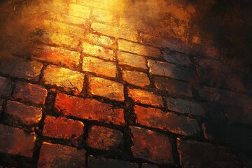 Poster - A close-up view of an old brick path, lit by a warm, golden light source from above.