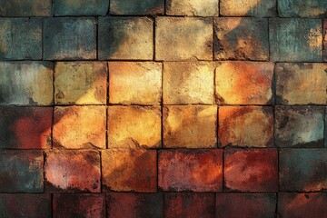 Poster - Colorful brick wall in sunlight, aged, textured, showcasing a gradient of hues with a worn and rustic appeal.