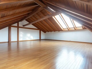Leinwandbilder - Spacious attic with wooden beams and natural light in a modern home