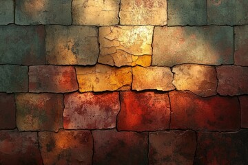 Aufkleber - The image showcases a rustic wall with textured, colorful stones, featuring cracks and light play, evoking a sense of age and artistry.