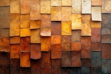 Poster - A textured wall featuring vertically aligned square tiles in warm earth tones, creating an abstract and rustic appearance with gradual color variations.