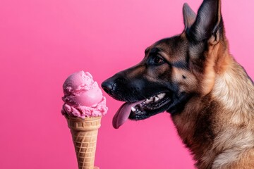 Aufkleber - Dog enjoying pink ice cream cone in front of bright pink background during a playful moment