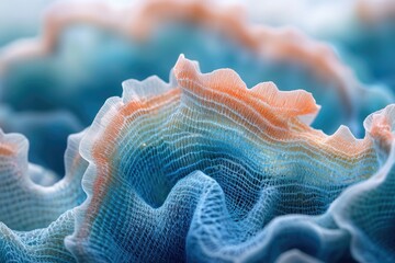 Leinwandbilder - Delicate blue and orange netted structure, resembling waves or coral, with intricate details in a close-up macro shot.