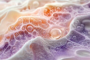 Poster - Abstract macro of cellular structure with water droplets, showcasing pastel colors and intricate texture under detailed focus.