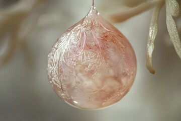 Poster - A close-up captures an ornate glass droplet with delicate frosted floral patterns suspended near pale, ethereal flora.