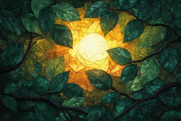 Leinwandbilder - Sunlight filters through a canopy of lush green leaves, creating a mosaic of light and shadow in nature's serene embrace.
