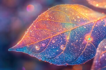 Leinwandbilder - A close-up of a vibrant leaf adorned with water droplets, showcasing a beautiful spectrum of colors and intricate details.