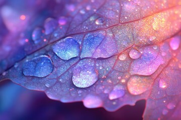 Aufkleber - Macro shot of a leaf with water droplets, showcasing a vibrant blend of purple, blue, and pink hues with shimmering sparkles.