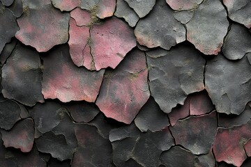 Poster - Abstract background of cracked, overlapping stone tiles with a dark, worn texture and hints of pink.