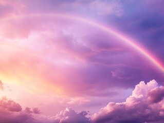 Poster - Colorful rainbow arcs across a soft sky filled with pastel clouds at sunset