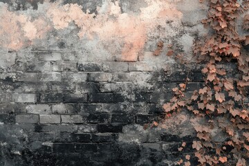 Poster - An old, weathered brick wall is partially covered by creeping vines, creating a rustic and textured scene.
