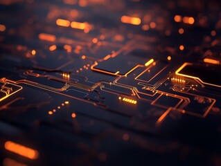Aufkleber - Intricate circuit board design with glowing orange pathways and dark background at close range