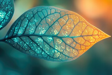 Poster - A luminous leaf with detailed veins glows in teal and gold against a soft, blurred background, exhibiting botanical beauty.