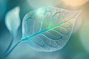 Poster - Detailed close-up of a translucent leaf showing intricate vein patterns against a soft, blurred, light background with a gentle teal hue.