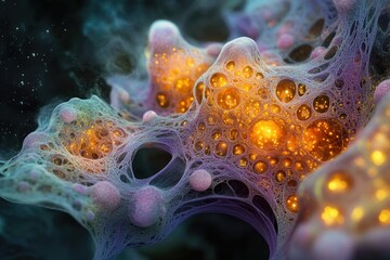 Fototapete - An abstract illustration of a complex biological structure, featuring glowing cells and interconnected networks.