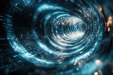 Aufkleber - Abstract digital tunnel with blue lines leading to a bright light source, a futuristic concept.