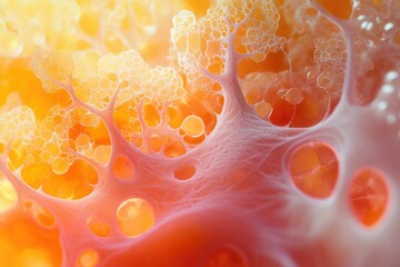 Fototapete - Abstract image of orange and white with bubble-like formations, resembling cellular or organic structures at a microscopic level.
