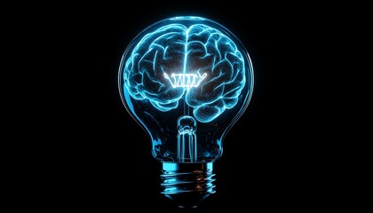 Poster - Glowing human brain inside a light bulb, representing creativity, innovation, and insight, with a futuristic design on a dark backdrop