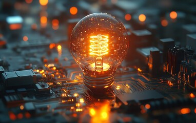 Aufkleber - A glowing light bulb on the background of a futuristic electronic circuit, representing the connection between ideas and technology