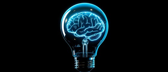 Poster - Brain light bulb with a glowing human brain inside, symbolizing ideas and insight, against a dark background, AIgenerated concept