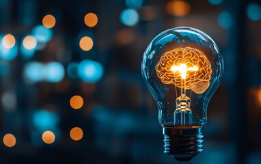 Poster - Conceptual light bulb with a glowing human brain inside, representing innovative ideas and insight, glowing against a dark background