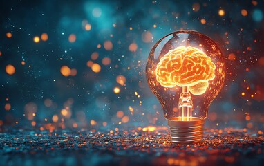 Poster - Conceptual light bulb with a glowing human brain inside, representing innovative ideas and insight, glowing against a dark background