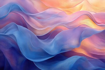 Leinwandbilder - Flowing sheer fabrics in hues of blue, purple, orange, and pink, creating an ethereal and dreamlike abstract composition with soft, undulating waves.