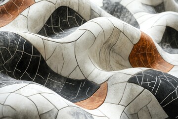 Leinwandbilder - Abstract image featuring textured, undulating surface with fragmented designs in shades of brown, gray, and white, separated by lines.