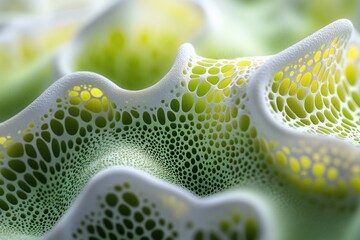 Poster - A macro photograph capturing the intricate cellular structure of a plant leaf, displaying a vibrant green and porous pattern.