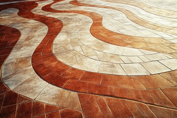 Poster - A paved ground displaying red and beige wavy pattern, creating an attractive flooring design with textured blocks and eye-catching curves.