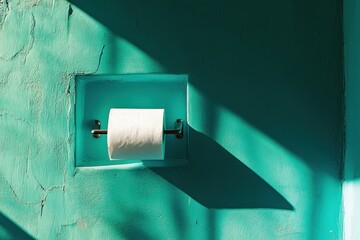 Fototapete - Bathroom with turquoise wall showing a roll of toilet paper and shadow patterns in bright sunlight
