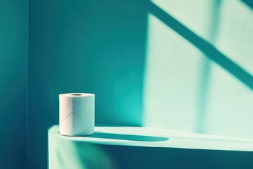 Poster - Minimalist still life with white paper roll on aqua background and soft shadows in a brightly lit space