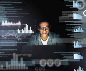 Fototapete - Man, overlay and computer with data processing at night as employee for overtime and deadline on software project. Business, male person and statistics with graphs for programming and analyzing info