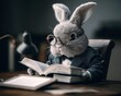 © ANASTASIYA - In this image, a rabbit with high intelligence is shown sitting at a desk in a pastel school uniform, using a notebook to study