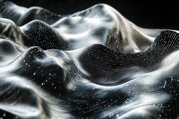 Aufkleber - Abstract landscape with flowing, silver-toned waves, dotted with sparkling lights and fine lines, under a dark sky.