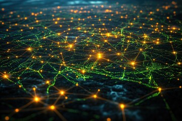 Leinwandbilder - Network of interconnected nodes and lines forms a glowing web, suggesting communication, data flow, or complex connections.