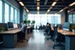 © supansa - Blurred office cubicles and desks in modern workspace with subtle lighting, blur,  background