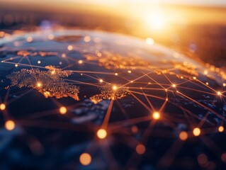 Aufkleber - Network connections illuminate the globe at sunset, showcasing digital integration and technology's impact on communication