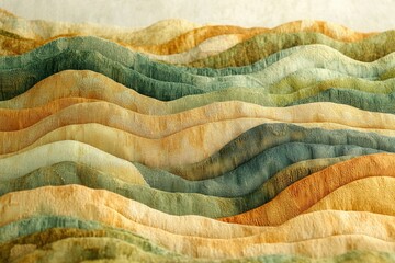 Aufkleber - Abstract waves of green, blue and yellow create a textured landscape of soft, earthy hues.