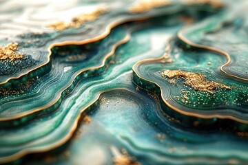 Fototapete - Abstract artwork showcasing layers of teal and blue hues accented with shimmering gold, resembling a luxurious, polished gemstone surface.