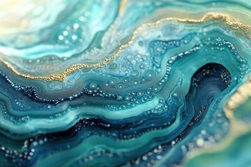 Fototapete - Abstract artwork featuring swirls of teal, turquoise, and gold, creating a mesmerizing, fluid, and luxurious texture.