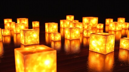 Aufkleber - Glowing Transparent Cubes Reflecting Warm Light in a Dark Setting, Creating an Intriguing Abstract Visual Composition