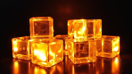 Aufkleber - Glowing Transparent Cubes Reflecting Warm Light in a Dark Setting, Creating an Intriguing Abstract Visual Composition