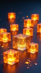 Aufkleber - Glowing Transparent Cubes Reflecting Warm Light in a Dark Setting, Creating an Intriguing Abstract Visual Composition