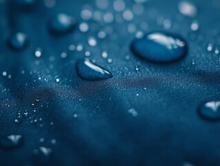 Fototapete - Water droplets resting on a deep blue fabric surface creating a serene and tranquil atmosphere