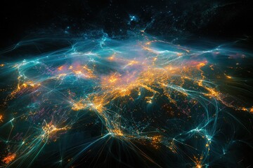 Aufkleber - Abstract aerial view of interconnected global networks resembling cities with lights and cosmic elements in blue, orange, and black, creating a mesmerizing effect.