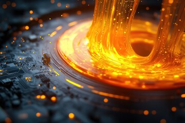 Poster - Abstract depiction of glowing energy cascading down onto a circuit board, symbolizing innovation and technological advancement.