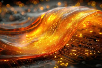 Fototapete - Abstract, flowing golden wave over intricate circuit board, glowing with digital energy and technological advancement.