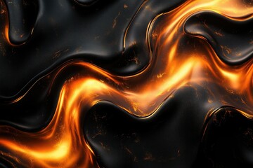 Leinwandbilder - Abstract image featuring glossy black material undulating with streaks of bright orange and gold, resembling molten metal or lava.